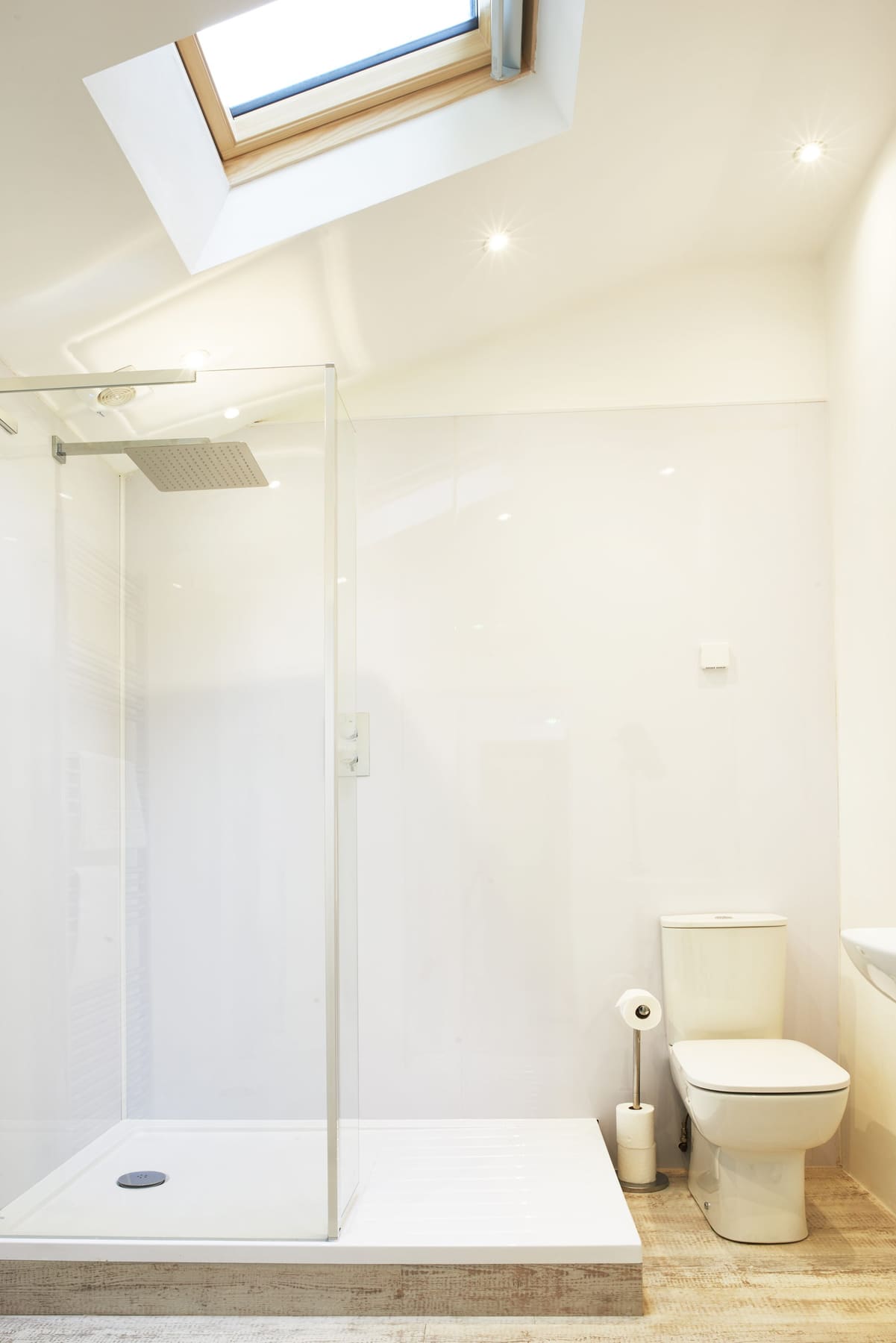 Private bathroom cabin at Fenton yurt with walk-in rainfall shower