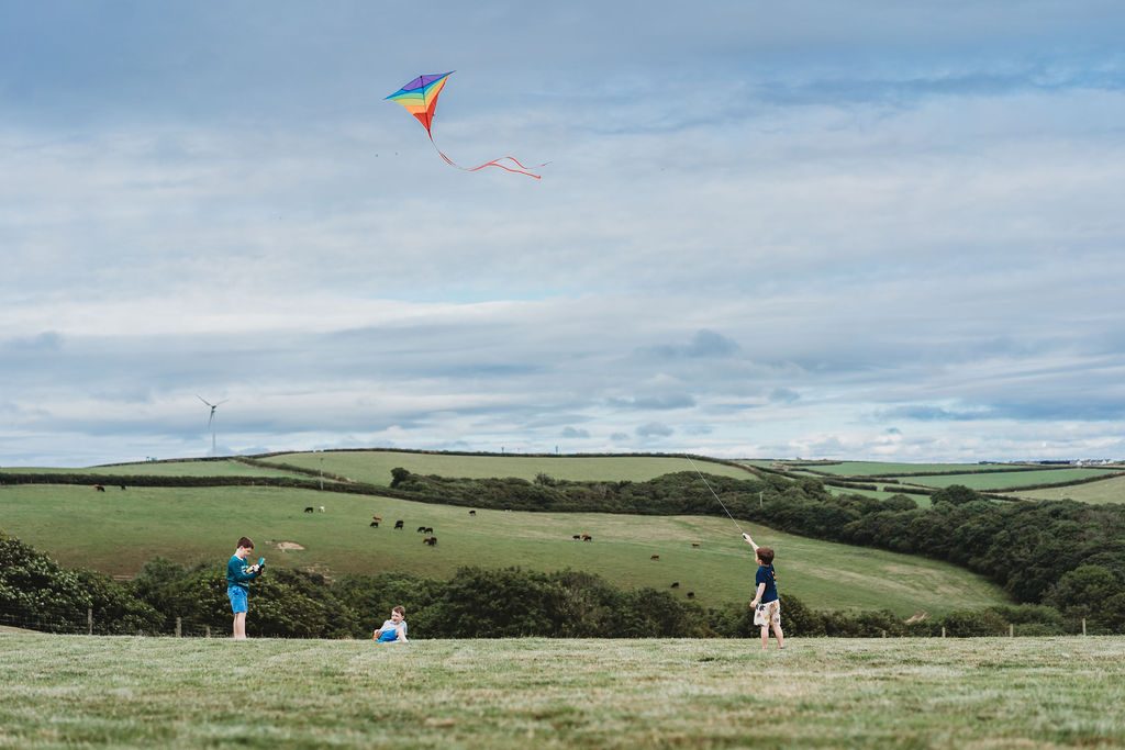 Children flying kites in the meadow at Woodlands Manor Farm