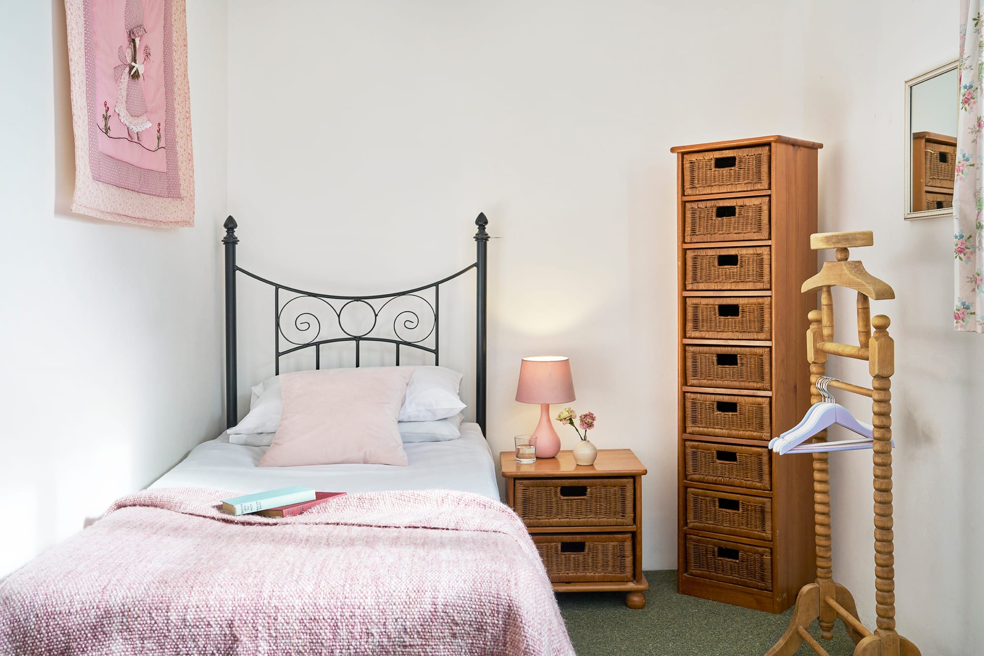 Double bedroom at Rose Cottage with a pink colour scheme