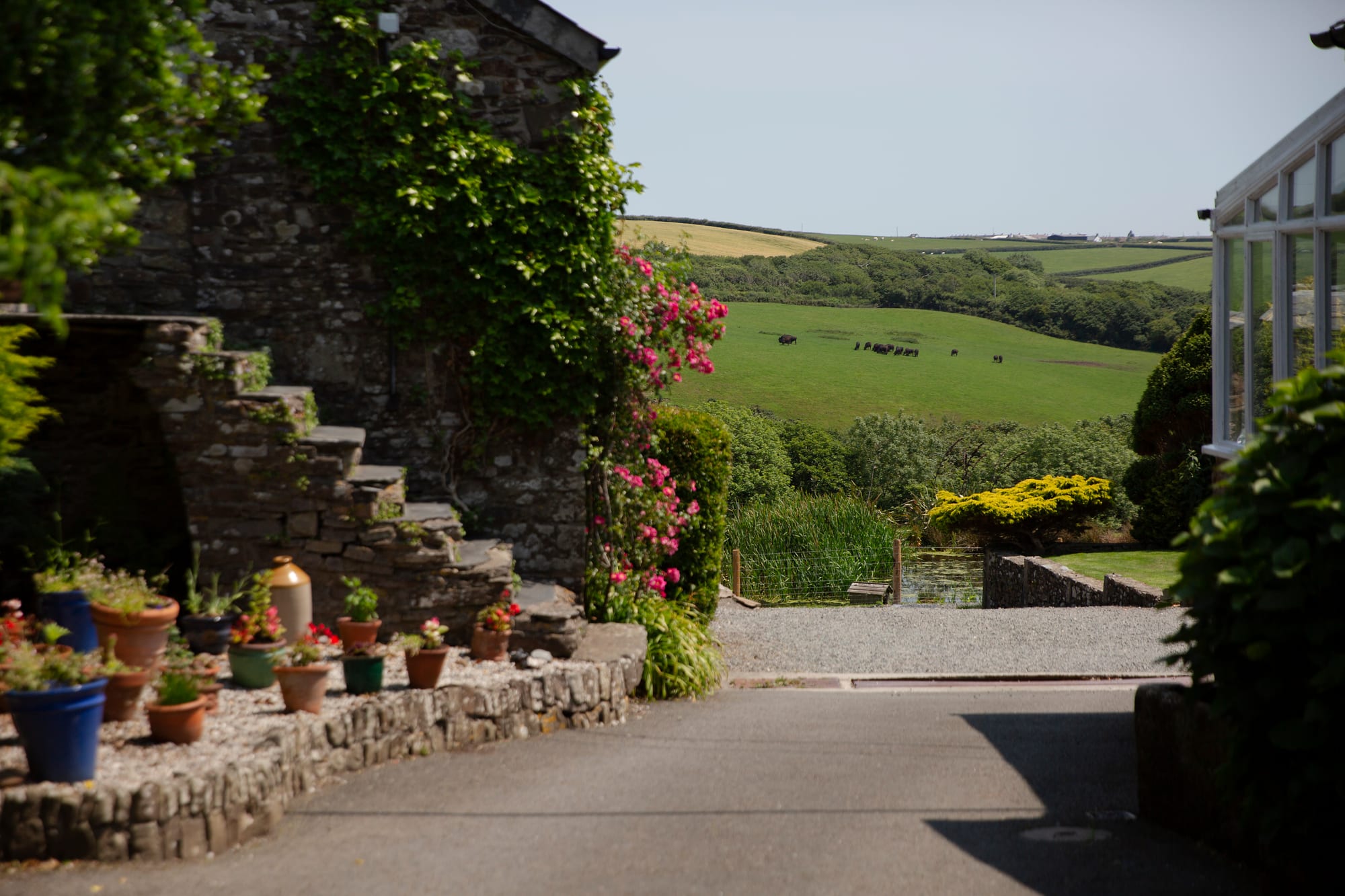The Coach House garden and stone steps with valley views