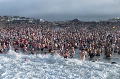 Christmas Day swim at Crooklets Beach, Bude